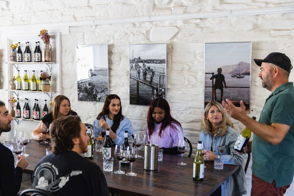 Tour group tasting wine at Hiter & Yon